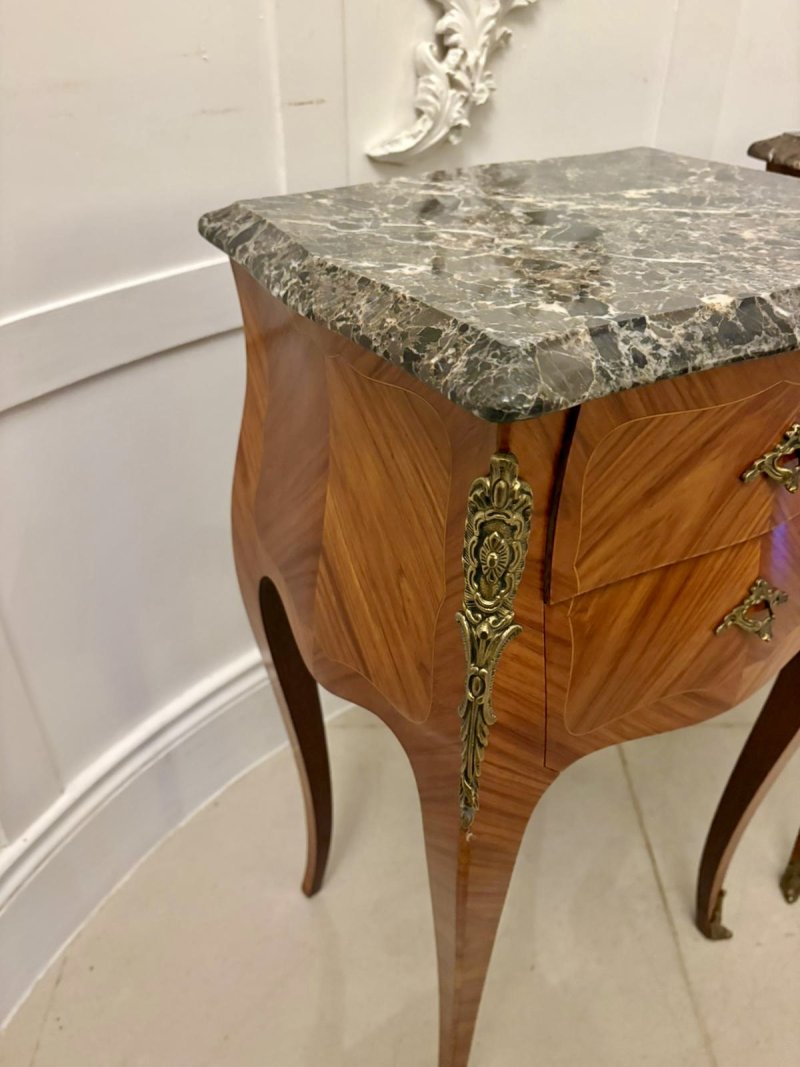 Antique Pair of Quality French Louis XV Style Marble-Top Bedside Cabinets